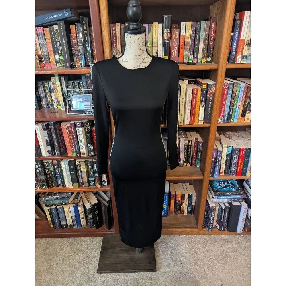 Alice + Olivia Women’s Small Black 1/4 Sleeve Bodycon Midi Dress Striped Side